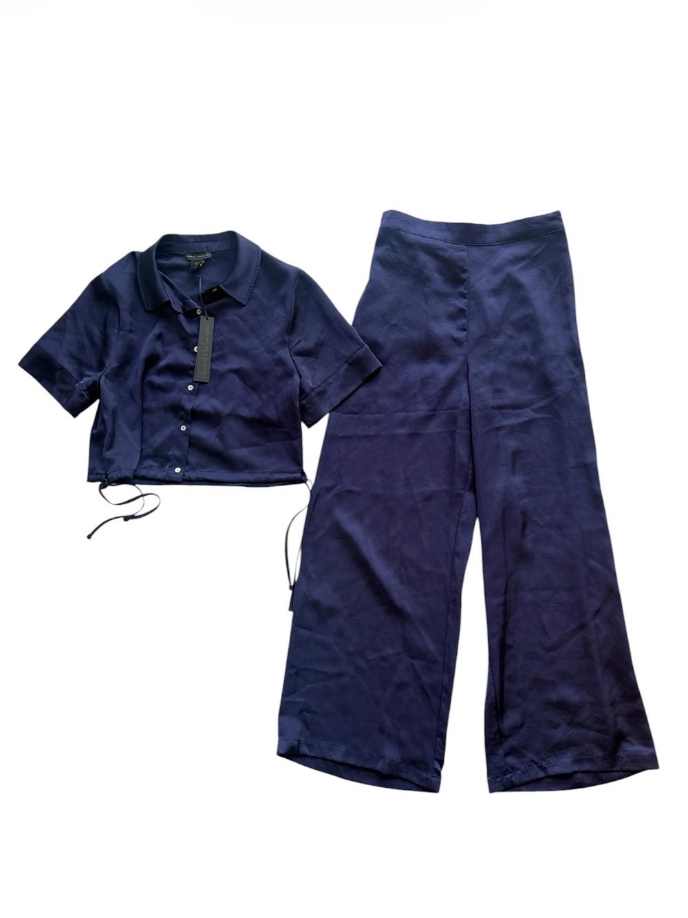 NWT House of Harlow 1960 Navy Satin Wide Legged Pants Set Size Medium